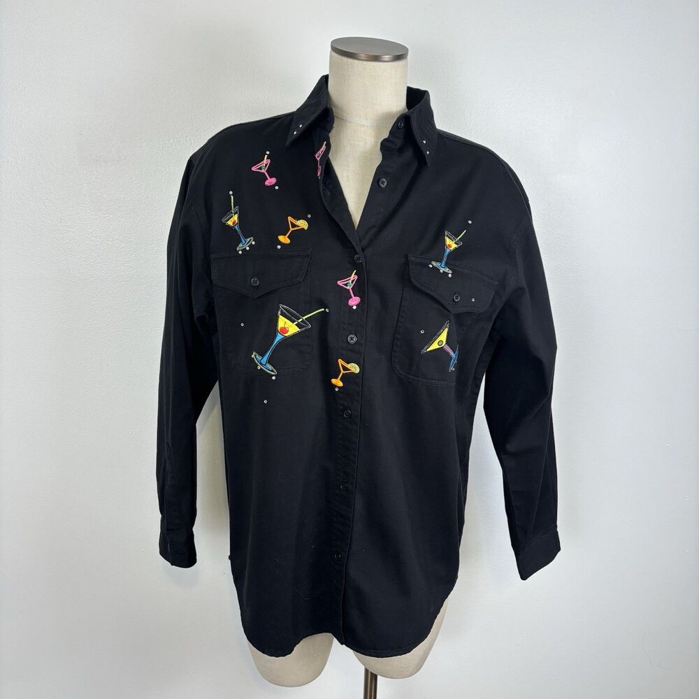 VTG LA SHA Black Button Down Shirt Womens M Martini Glass Embroidered Rhinestone